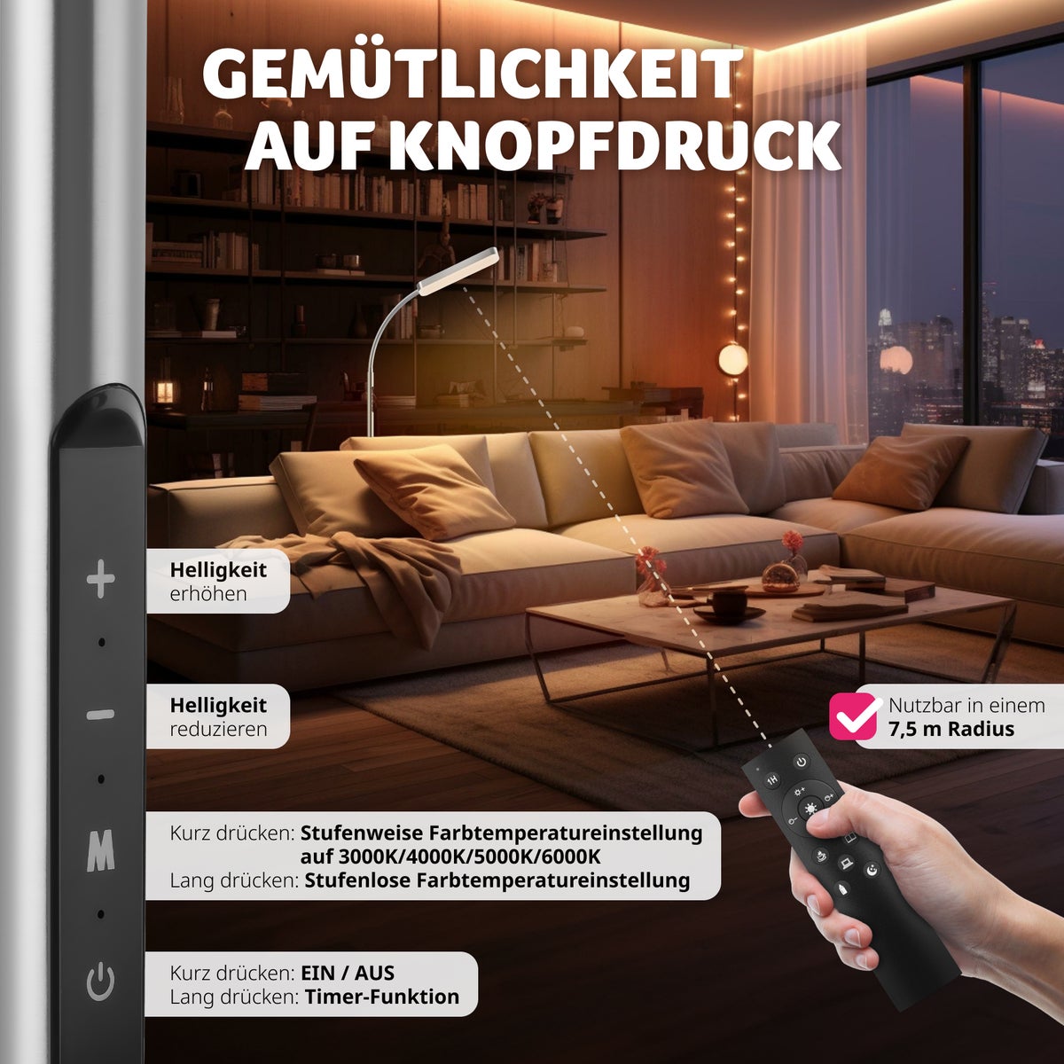 Staande lamp tectake Prisma 5 lichtstanden, LED, 12 W 22 x 176 cm