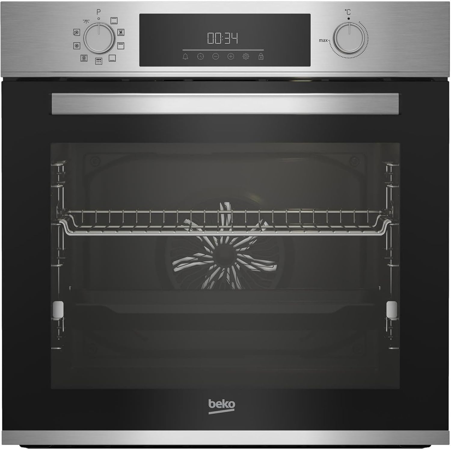 Beko BBIM12300XMPEF Einbau-Backofen, Multifunktionsofen, 72 l Volumen, 10 Funktionen, FlexiCrisp für kontrolliertes Nachbräunen, Pyrolyse, versenkbare Knebel, Cool Door, Edelstahl/Schwarz