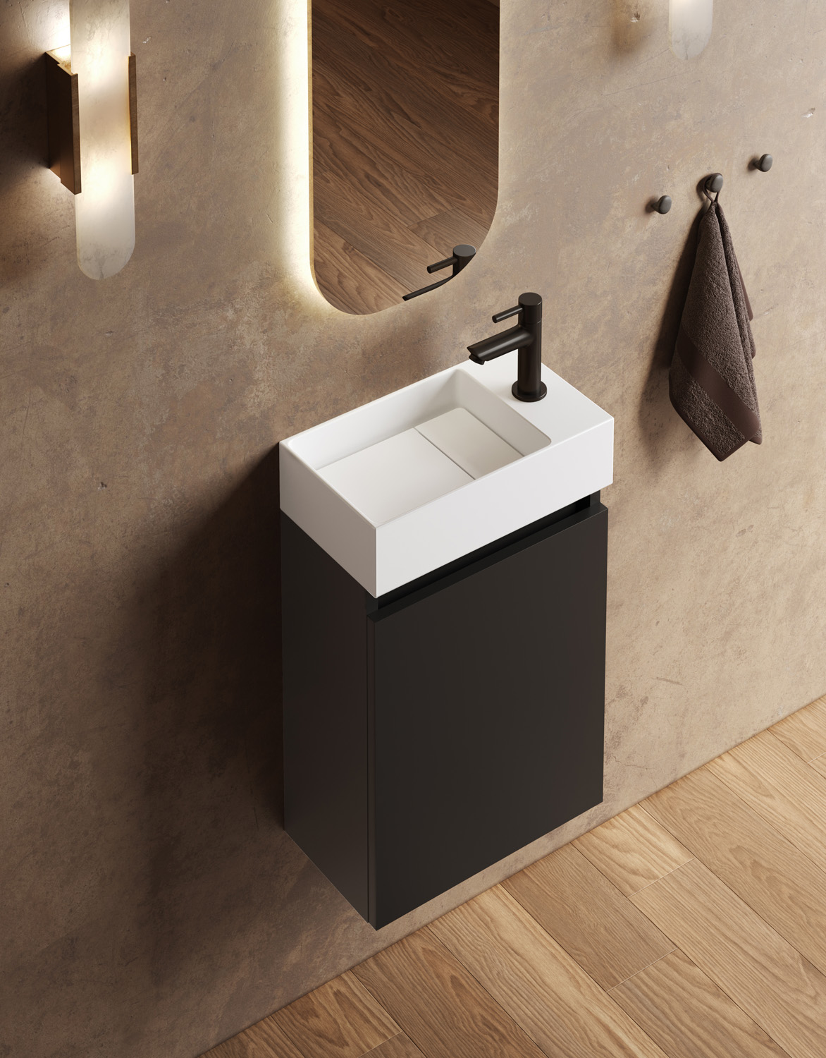 Fontana Itsie toiletmeubel mat zwart 40cm met fontein in glans wit