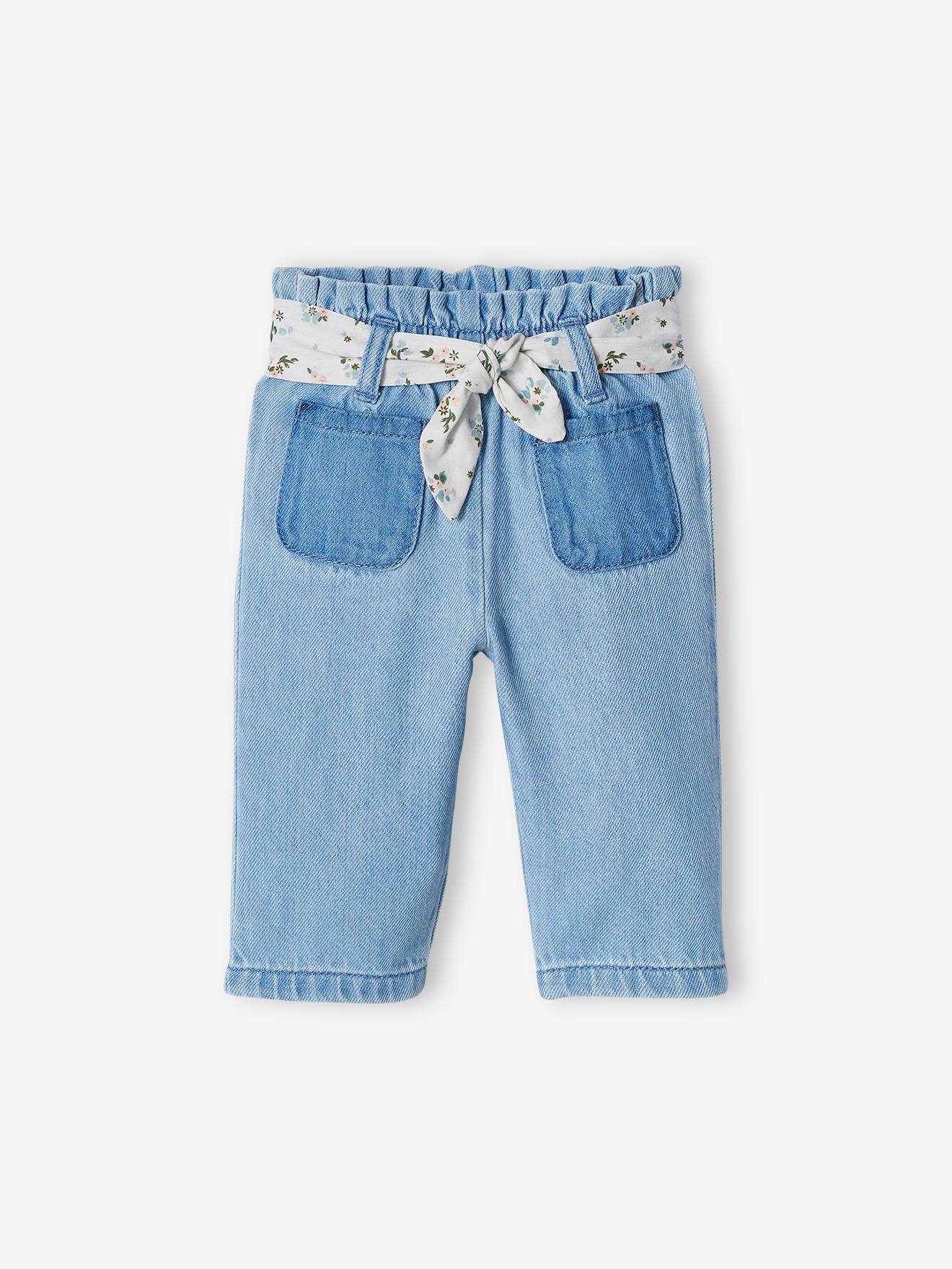 Calça jeans de perna larga com cinto de tecido para bebê, jeans desbotado