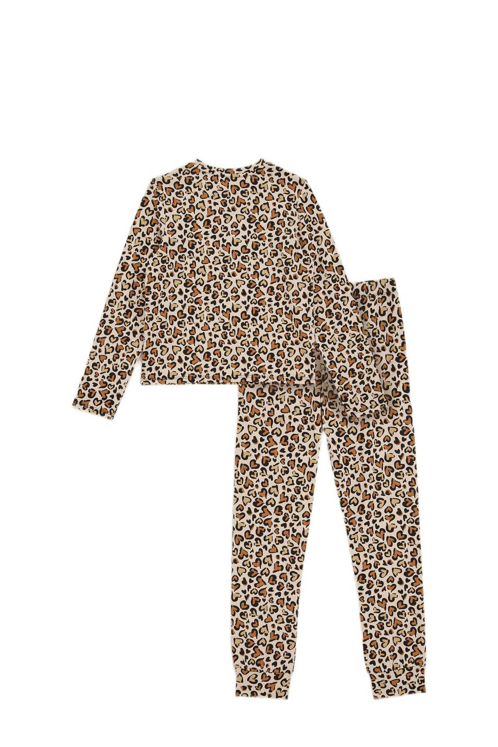 WE Fashion pyjama met panter hartjes print beige/zwart