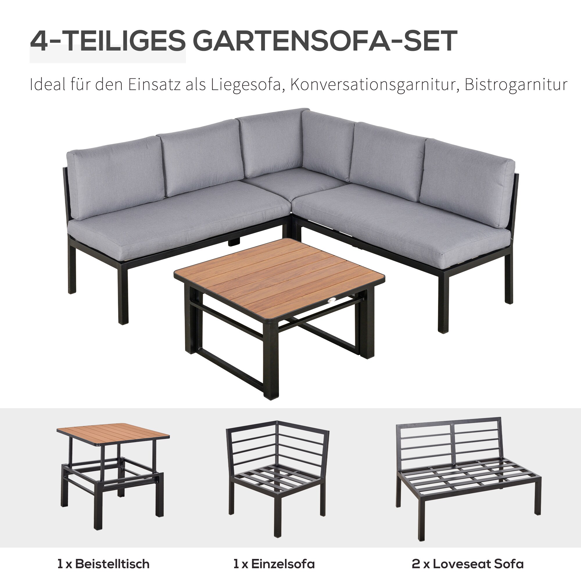 Outsunny 4-teilige Gartengarnitur mit höhenverstellbarem Tisch Grau