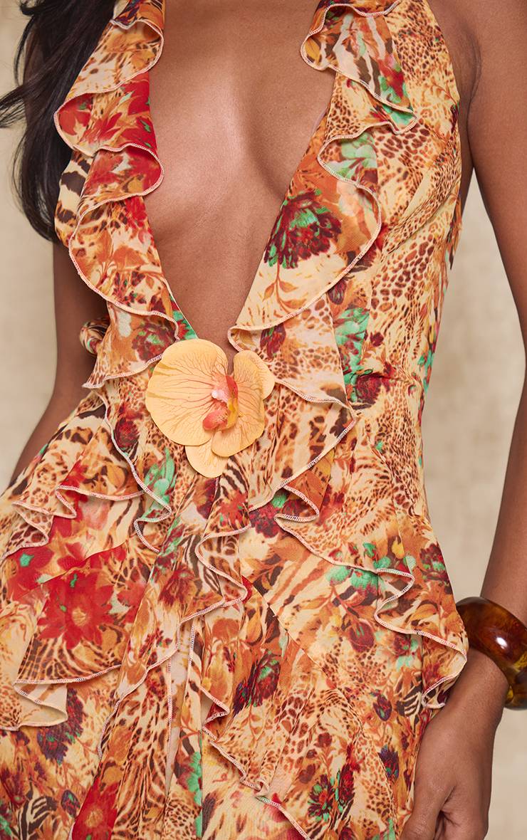 Jaune Robe Longue À Imprimé Animal Avec Volants Plongeants Et Ornements Floraux