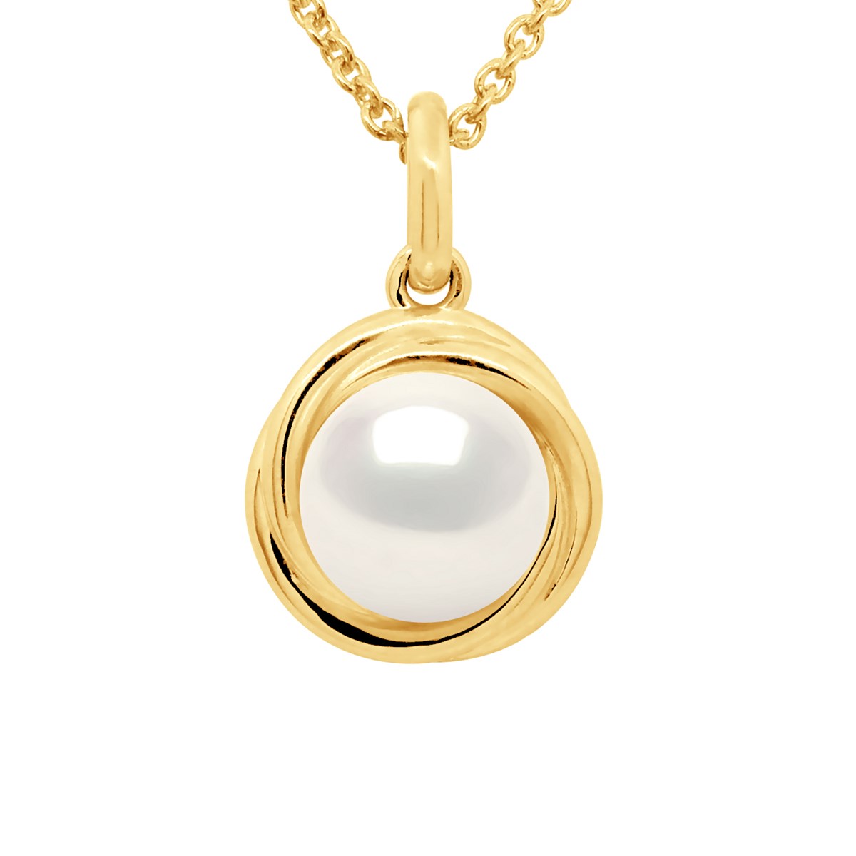 Pendentif Entourage Stylisé - Véritable Perle de Culture d'Eau Douce Ronde 10-11 mm - Blanc Naturel - Or Jaune