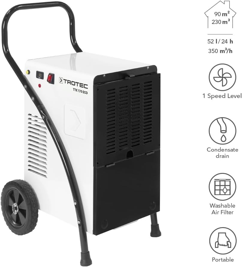 TROTEC Luftentfeuchter TTK 170 ECO – Leistung 52 L/Tag – Fläche 90 m² / 230 m³ – Bautrockner mit Betriebsstundenzähler – für große Räume