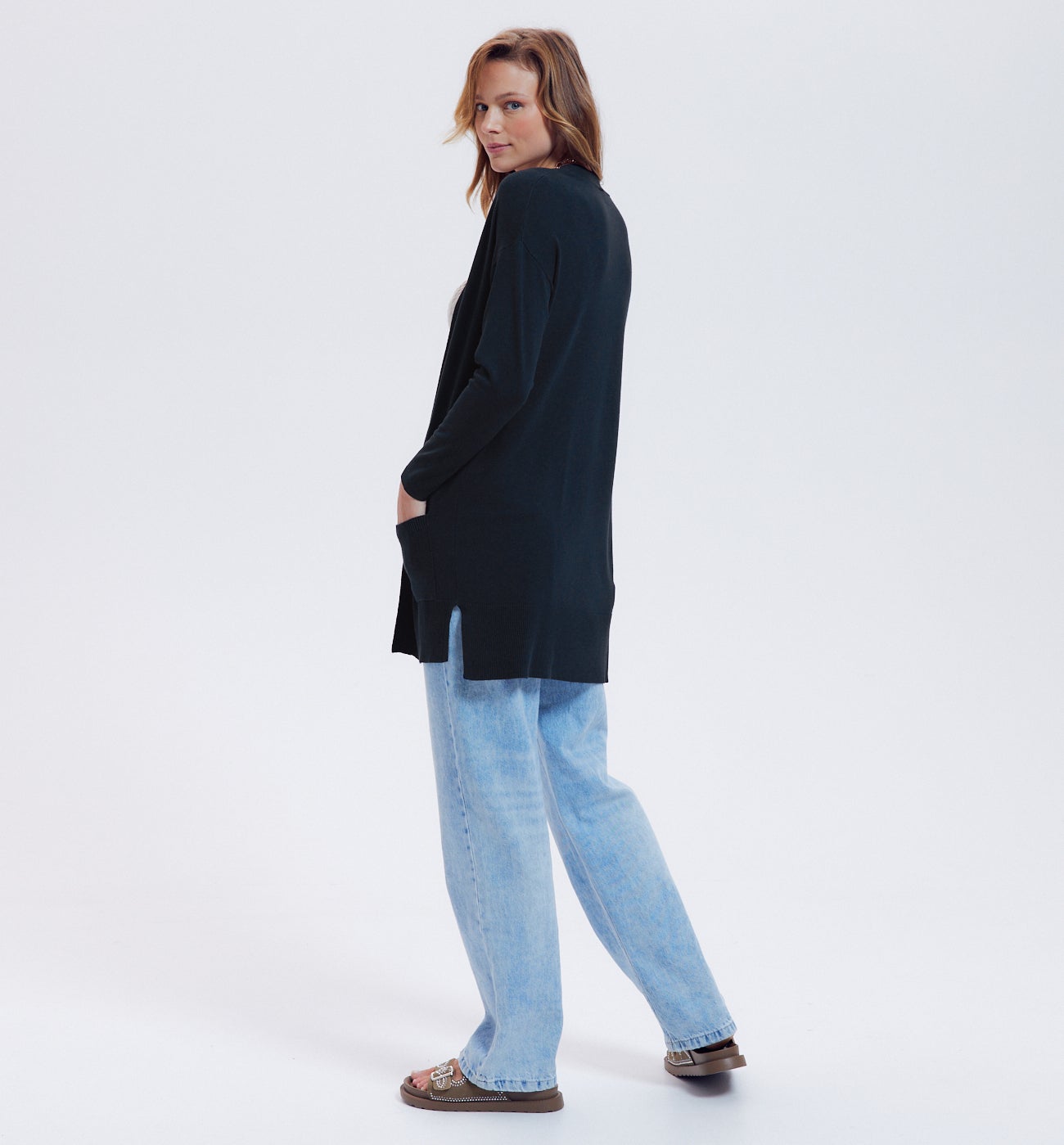 Long gilet en maille fine - Marine