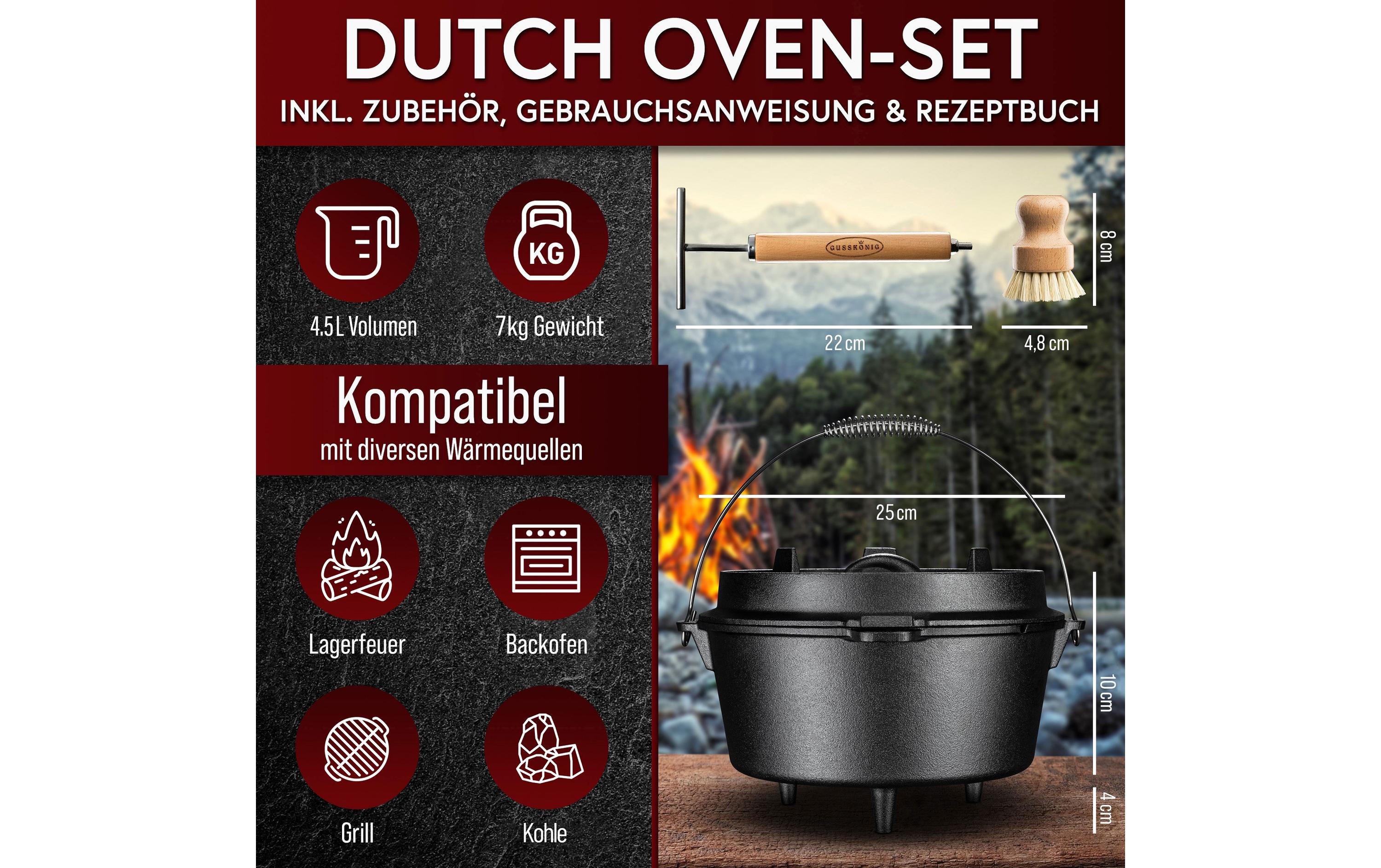 Dutch Oven Set 4.5 l mit Deckelheber, BürsteSet mit 2in1 Deckelheber und Reinigungsbürste