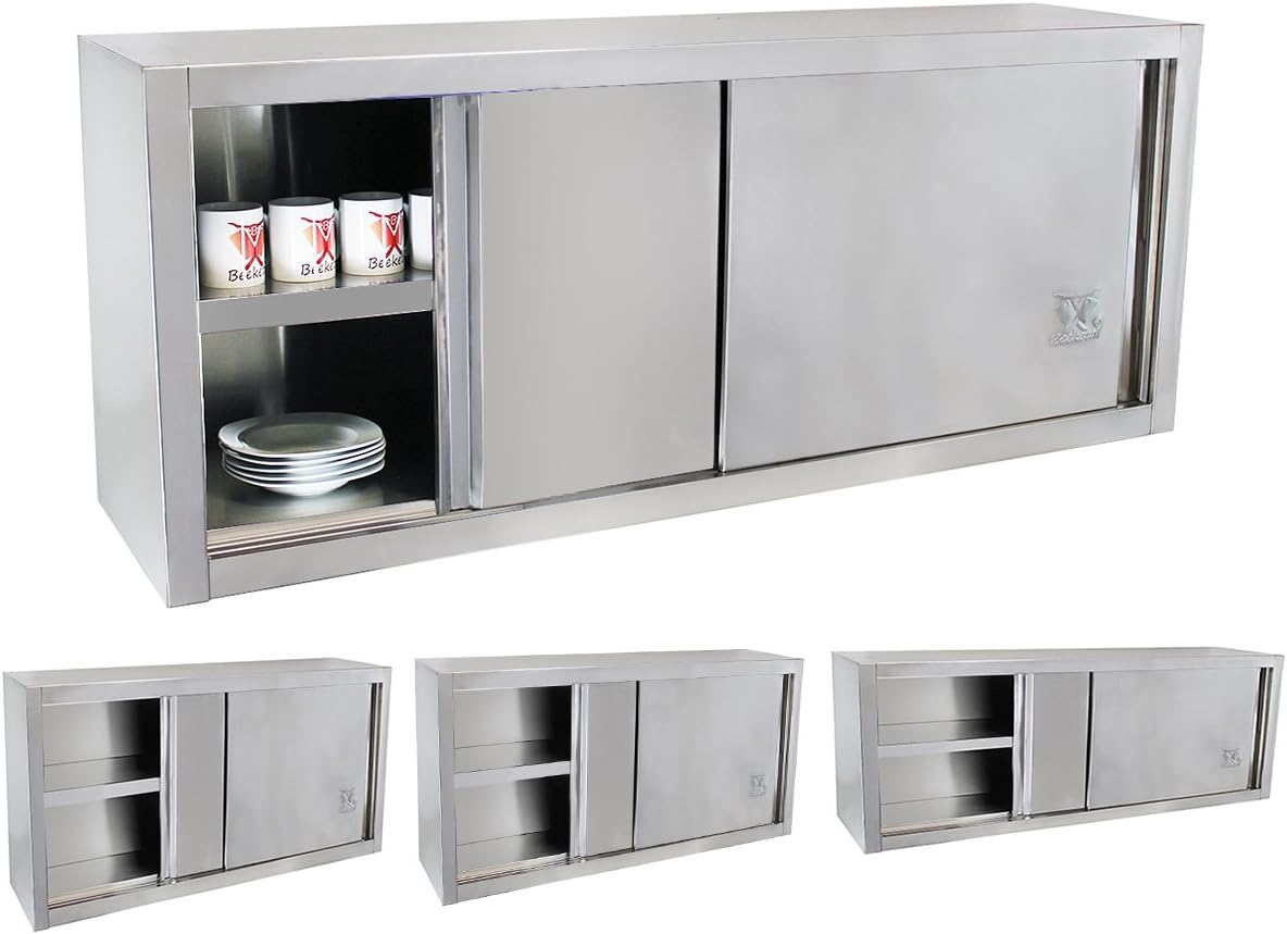 Beeketal 'BWS100' Gastro Küchen Wandhängeschrank aus Edelstahl mit auf Rollen gelagerte Schiebetüren, Hängeschrank mit fest verbautem Einlegeboden - Außenabmessungen (L/B/H): ca. 1000 x 400 x 650 mm