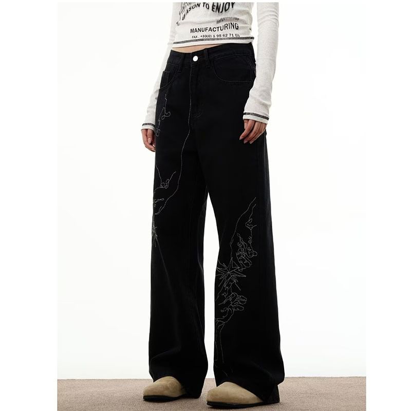 Rosesand - Low Rise geborduurde straight-fit jeans met wijde pijpen