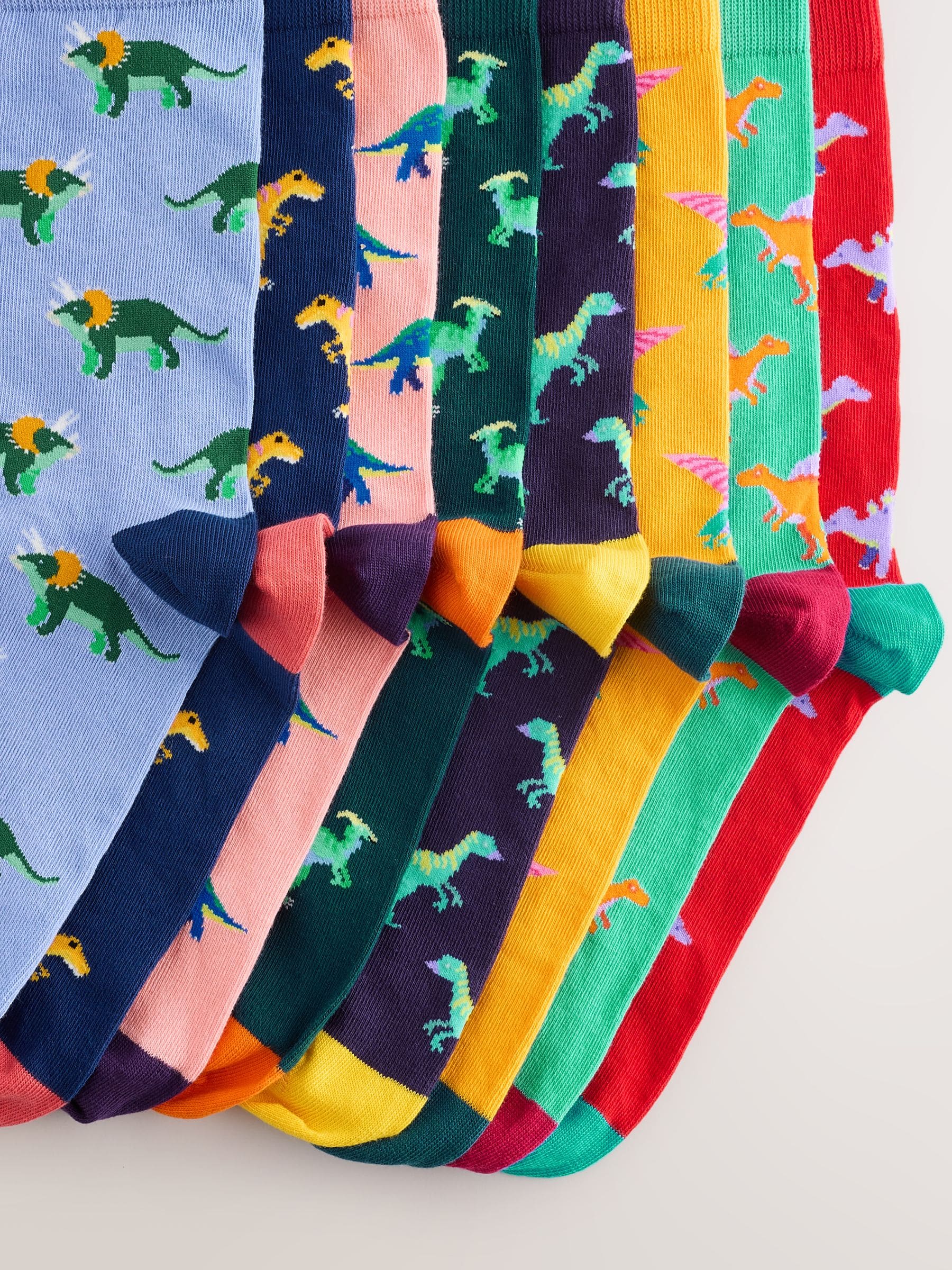 Fel rood/blauw/oranje dinosaurus - Set van 8 sokken met patroon