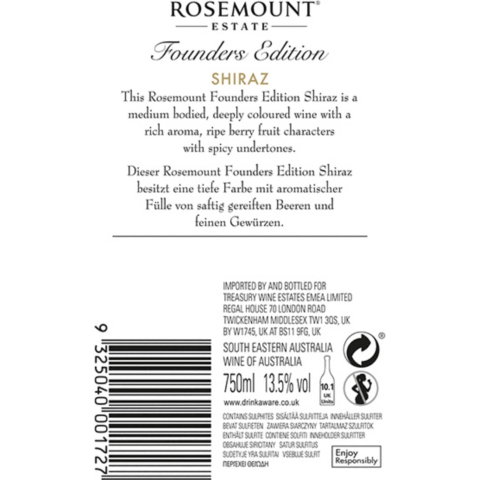 Rosemount Estate Founders Edition Shiraz South Eastern Australia 13,5 % vol 0,75 Liter
