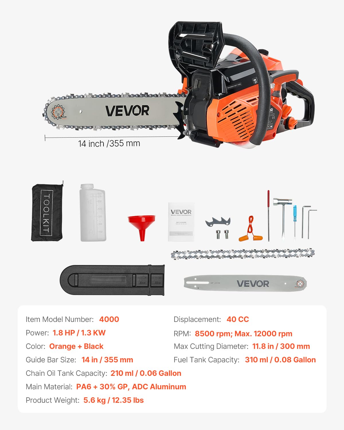 VEVOR 40cc Benzin-Kettensäge, 355 mm Benzin-Kettensäge, 1,8 PS starke Säge mit rutschfestem Griff, zwei Kraftstofftanks, Not-Aus-Funktion, max. 12000U/min, zum Holzfällen, Baumbeschneiden & Roden
