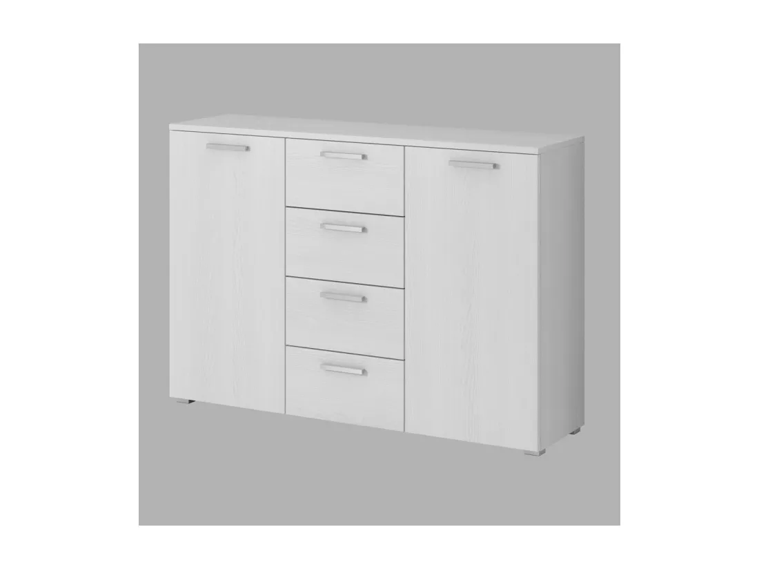 Chambre à coucher FLOYD : Armoire 220cm, Lit 140x200, commode, chevets. Coloris blanc effet bois.