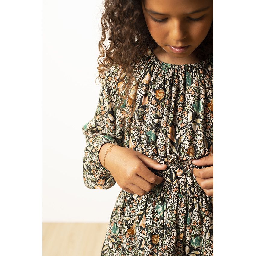 Robe manches longues bouffantes imprimé fleuri pour fille - Gris foncé