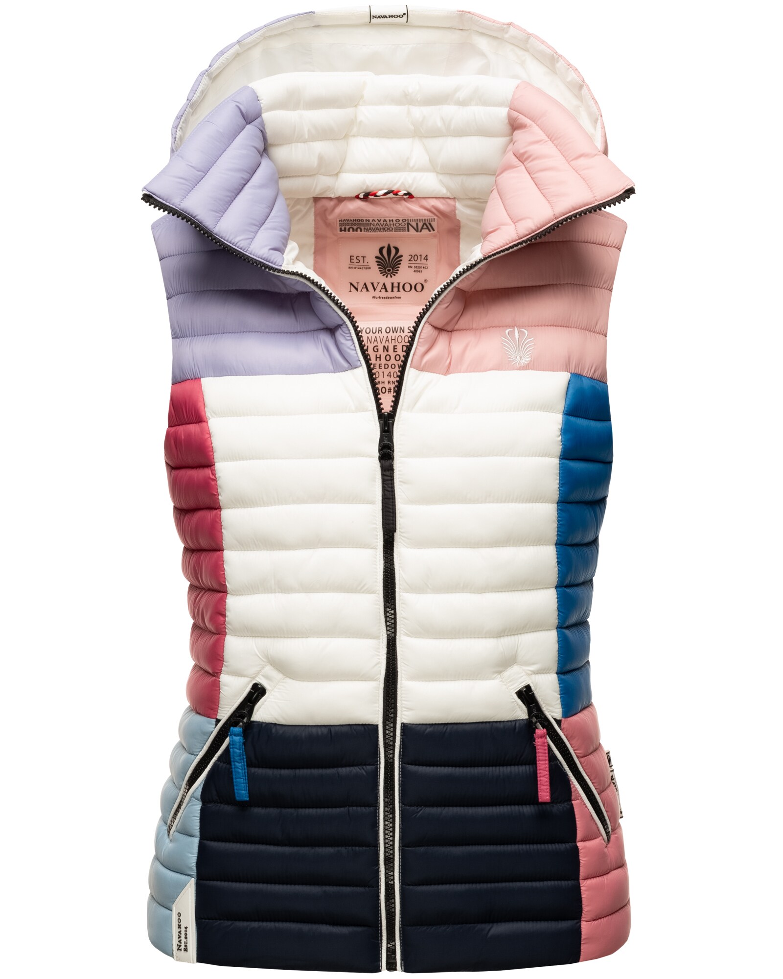 NAVAHOO Damen Steppweste Ärmellose Weste im Colourblocking-Stil und Kapuze Shadaa Multikulti