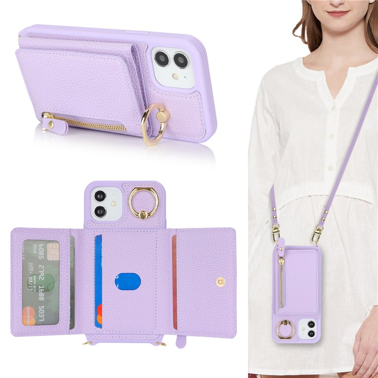 iPhone 12 / iPhone 12 Pro Necklace Leder Hülle mit Münzfach und Kartenfächer   Finger Griff Halterung   Handykette - Lila