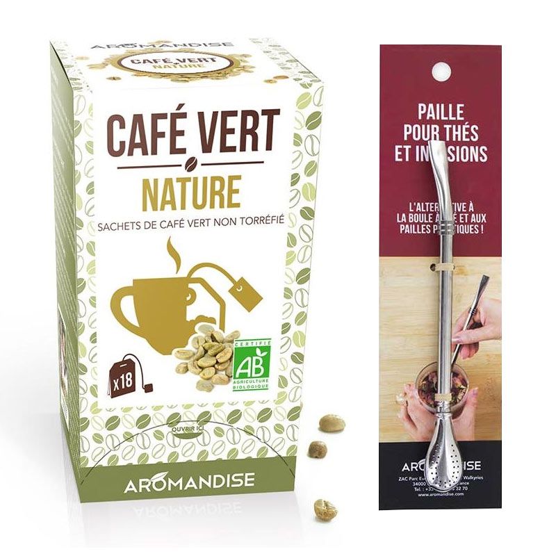 Café vert nature 18 sachets + paille inox avec filtre Aromandise