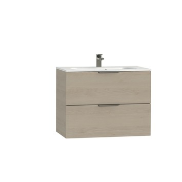 Tiger Studio badkamermeubel 80 cm naturel eiken met wastafel polybeton mat wit greep rvs plat