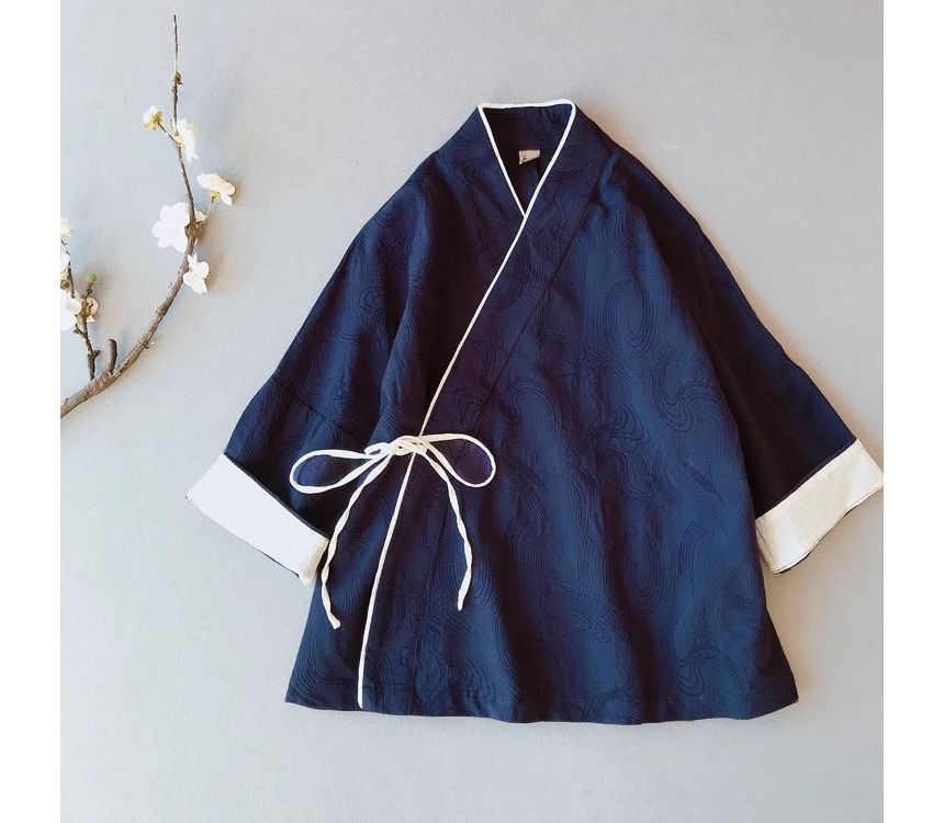CosmoCorner - Hanfu-top met V-hals, elleboogmouwen en contrasterende bies / effen broek met wijde pijpen en middelhoge taille