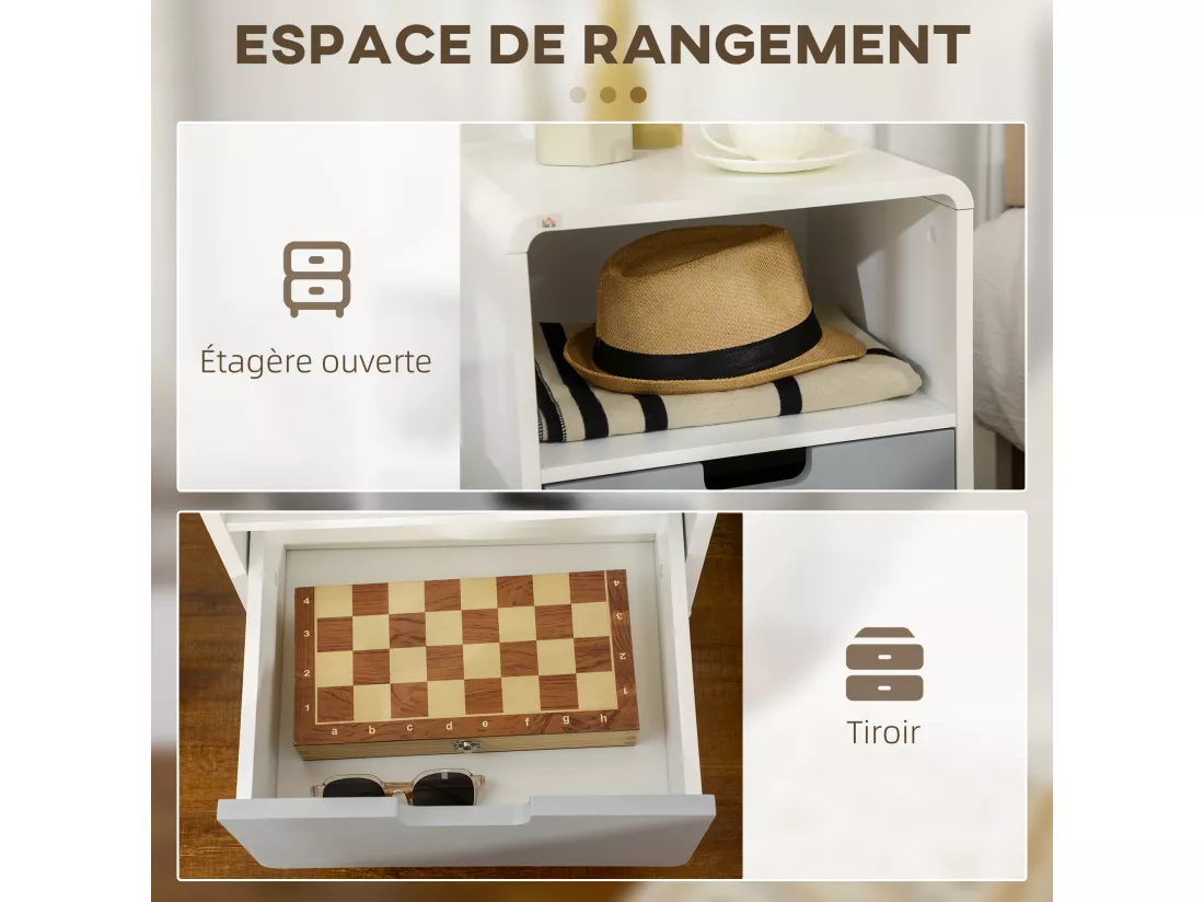 Chevet table de nuit design scandinave 40L x 38l x 58H cm tiroir + niche bois massif pin MDF blanc bleu gris