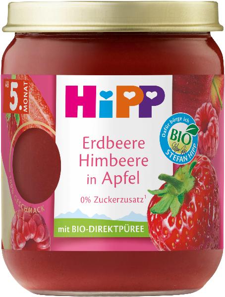 Hipp Erdbeere Himbeere in Apfel<br>160 g, Glas, Bio