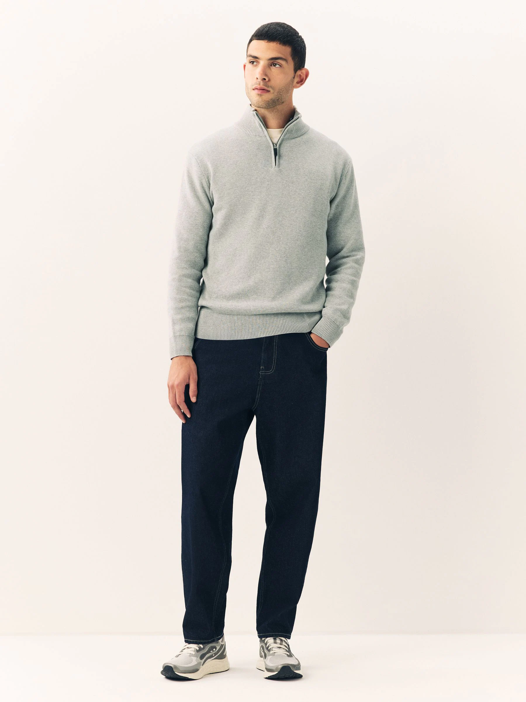 Lichtgrijs - Effen - Regular fit 100% katoenen premium trui met korte rits