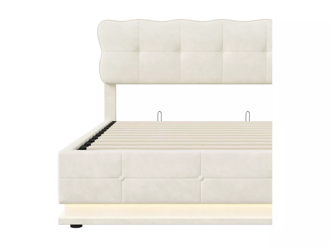 Lit coffre 160x200cm avec rangements, tissu velours, cadre de lit avec tête de lit, éclairage LED, sommier à lattes, lit hydraulique multifonction, lit adulte style moderne, Beige