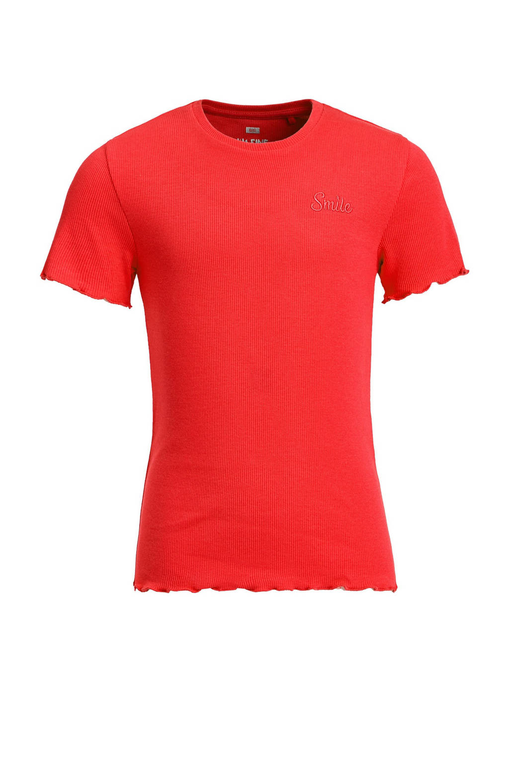 WE Fashion ribgebreid T-shirt met borduursels rood