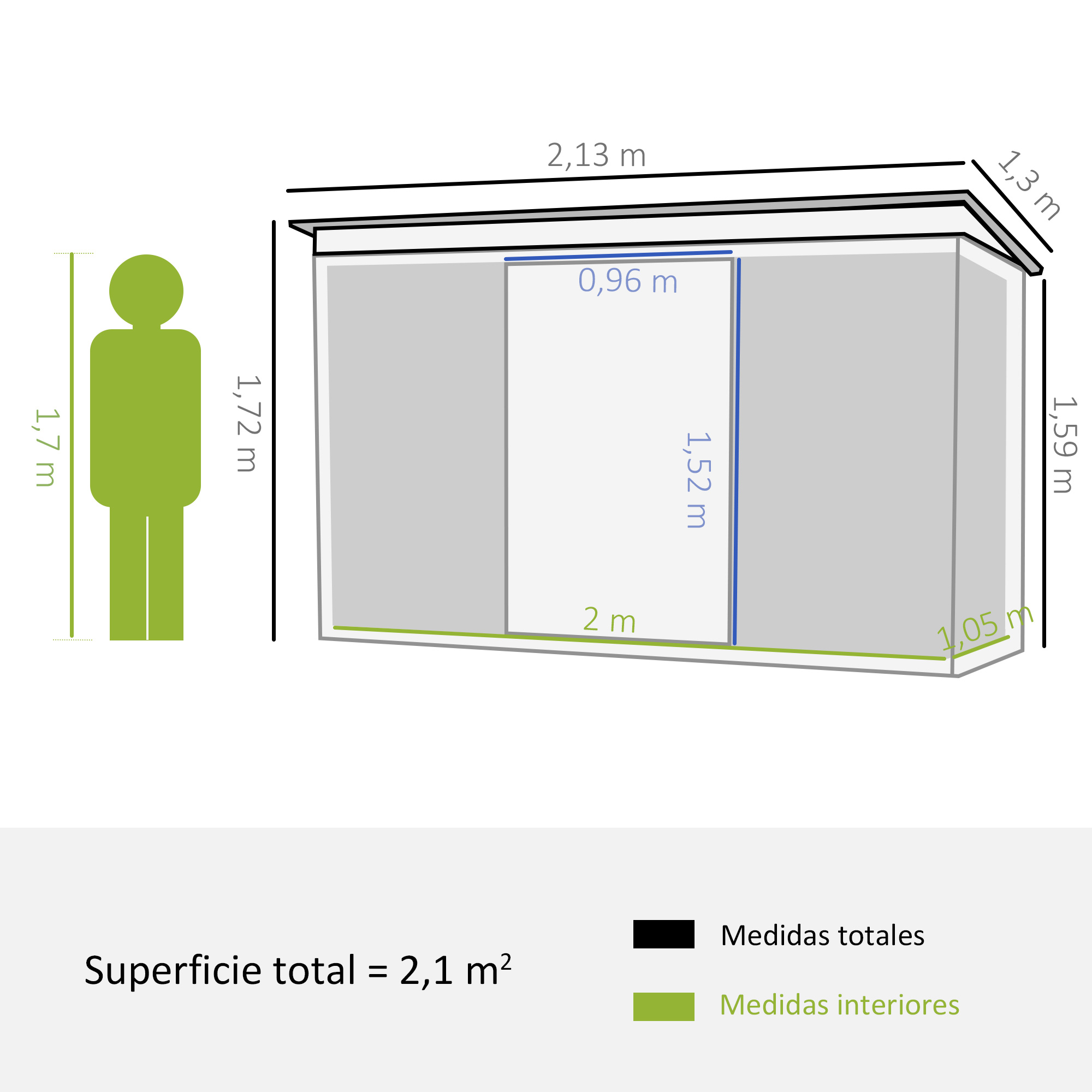 Casinha de Jardim Outsunny 213x130x172 cm com Base de 2,42 m², em Metal, para Armazenamento de Ferramentas Externas, com 2 Portas Deslizantes e 2 Janelas, Verde