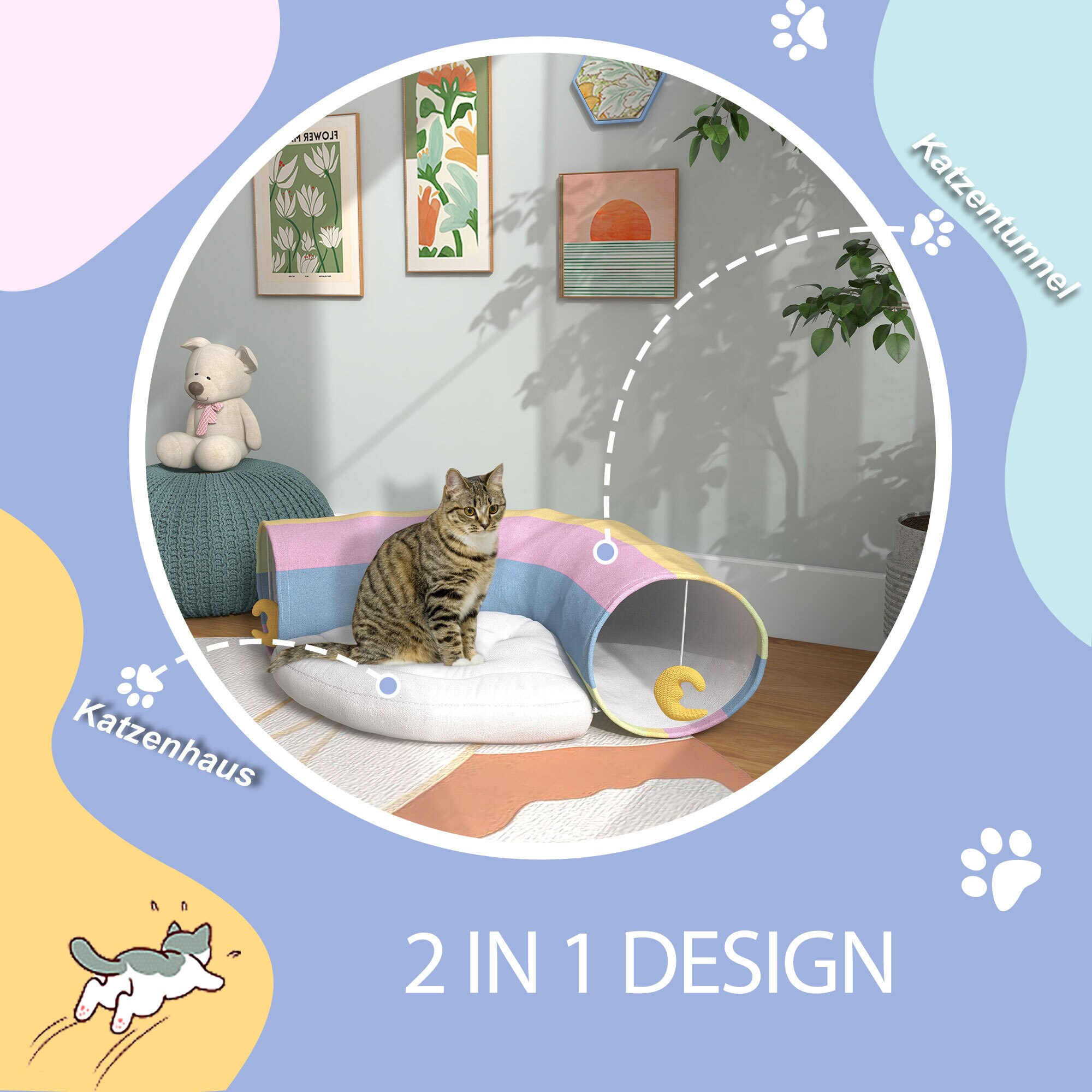 PawHut Katzentunnel mit Spielzeug bunt 105L x 65B x 28H cm