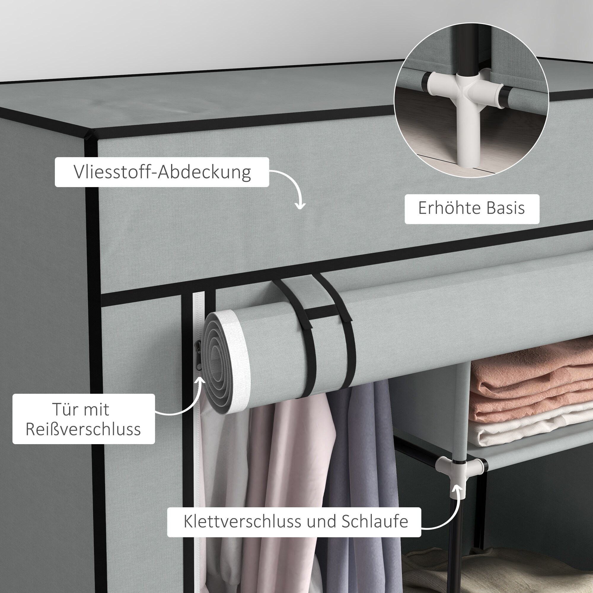 HOMCOM Stoffkleiderschrank mit Reißverschlusstüren grau 83L x 42,5B x 162,5Hcm
