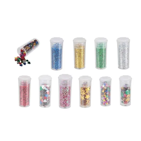 Stylex Bastel Glitter Set, 5 Döschen Glitterpulver, 5 Döschen Streudek + Bastelkleber