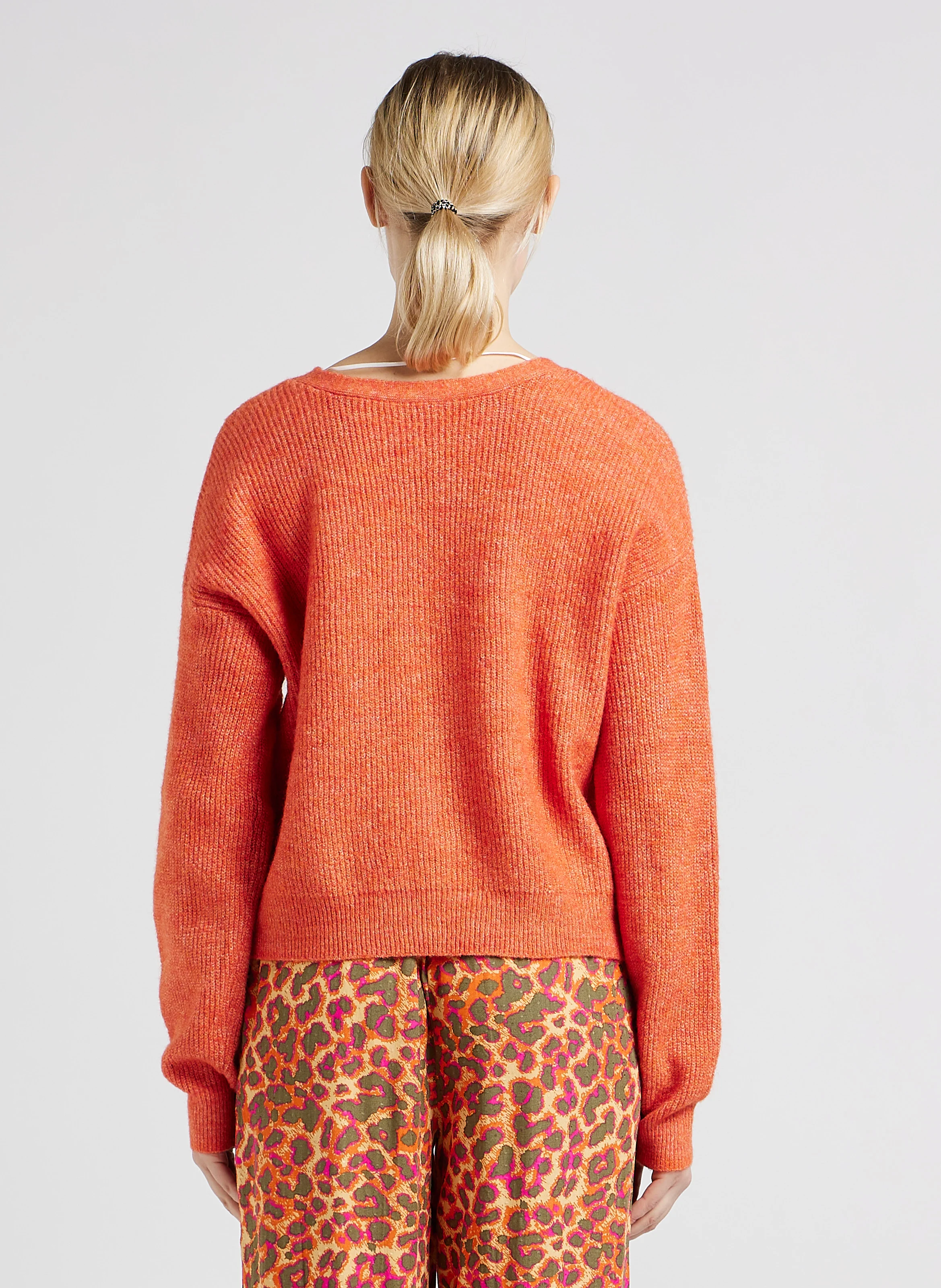 Gilet col V en maille mélangée| Orange