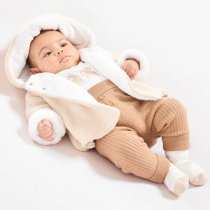 Veste chaude en maille doublée soft boa à capuche beige naissance Beige