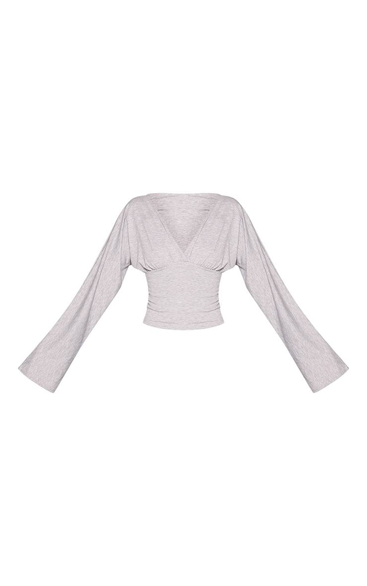Gris Chiné Top À Manches Longues En Jersey Avec Décolleté Plongeant