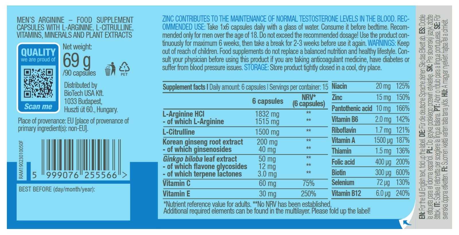 Biotech USA Arginina Masculina 90 cápsulas