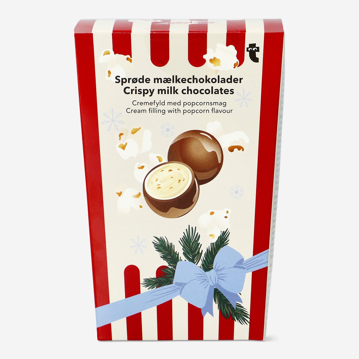 Mælkechokoladekugler med mælkefyld og popcorn