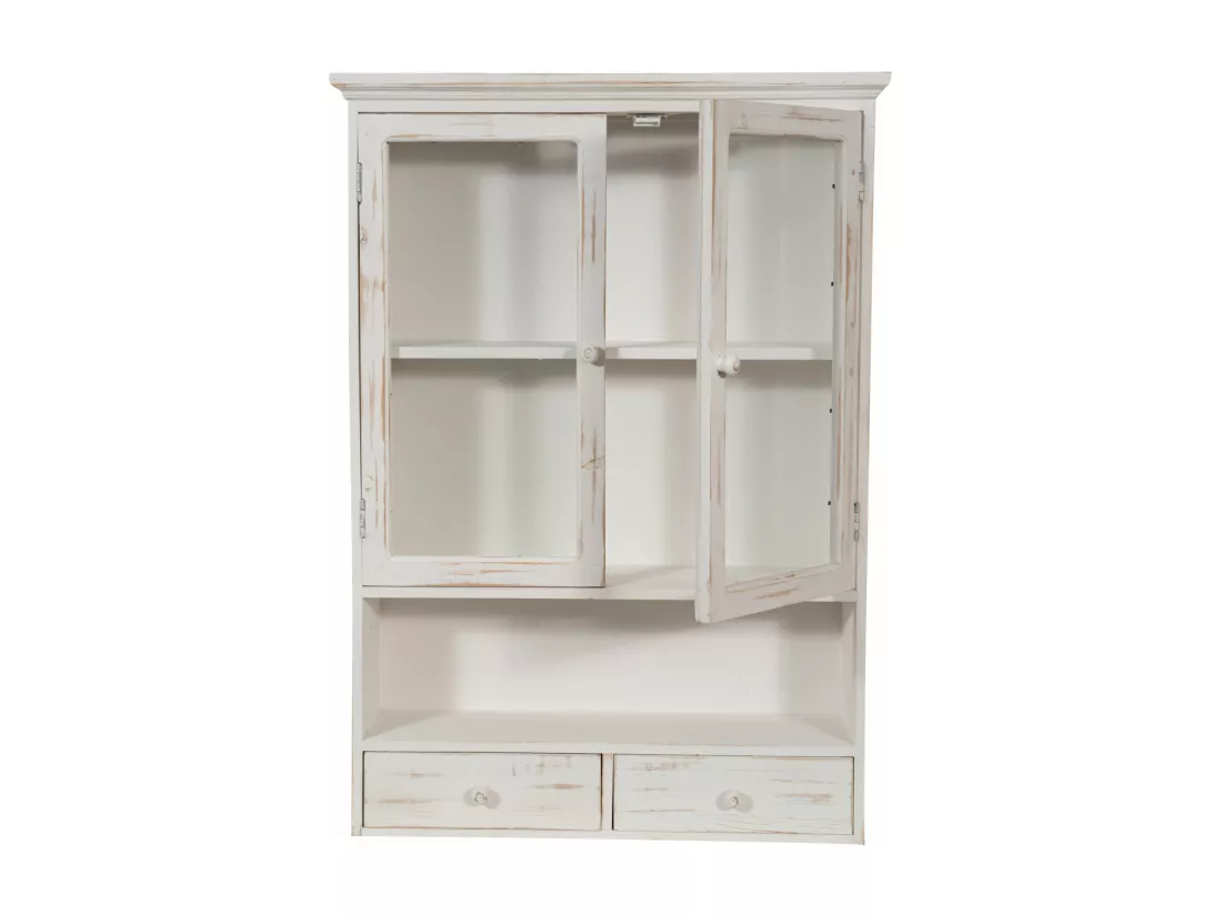 Caisson de cuisine 56x79x16 cm - 2 Tiroirs - 2 Portes Vitrées - Blanc Antique - SHABBY CHARME - 1 meuble haut - Vitrine murale pour salle de bain et salon