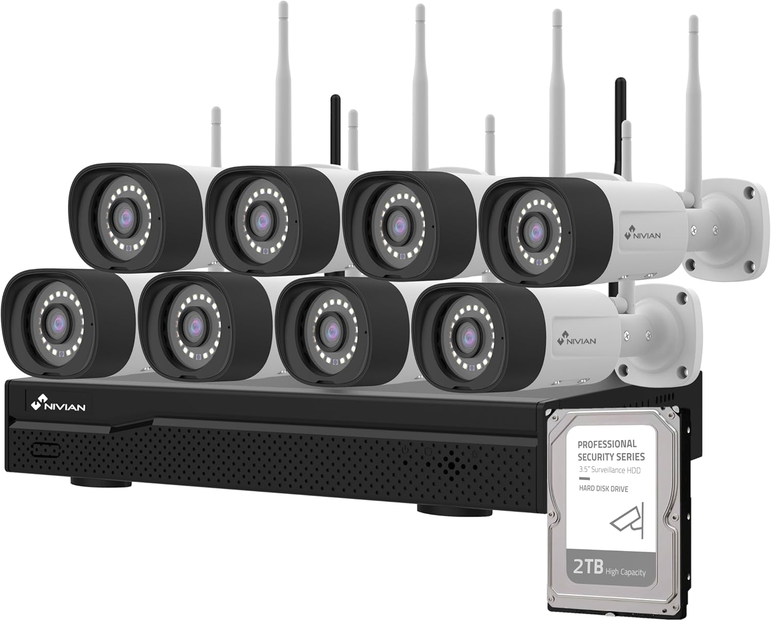 NIVIAN Überwachungskamera-Set 16CH (8 Kameras, 2TB HDD) – WLAN NVR System mit 2K Auflösung, KI-Personenerkennung, Zwei-Wege-Audio, Dual-Nachtsicht, EseeCloud App, HDMI-Ausgang