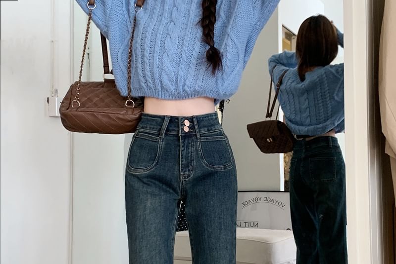 Soswift - High Rise Washed Cropped Flared Jeans