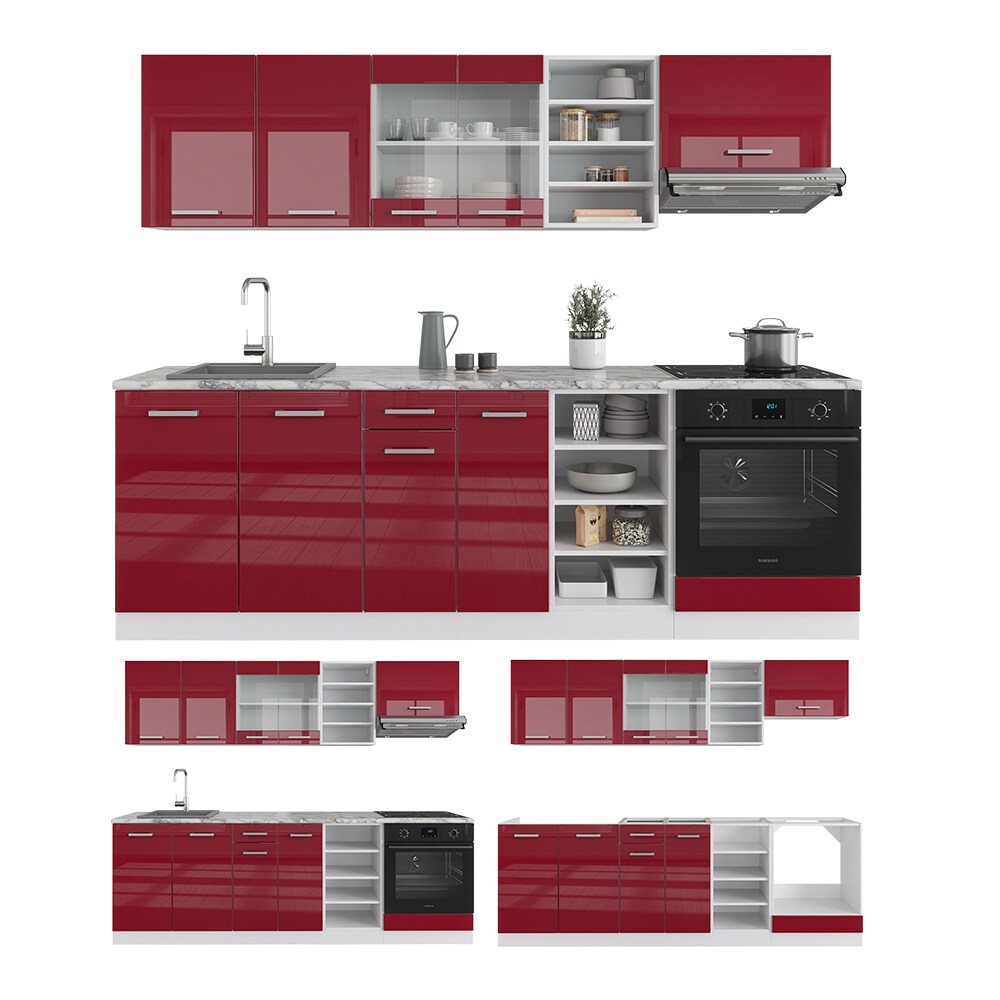 Vicco Küchenzeile Küchenblock Einbauküche R-Line 240 cm Weiß Bordeaux Hochglanz