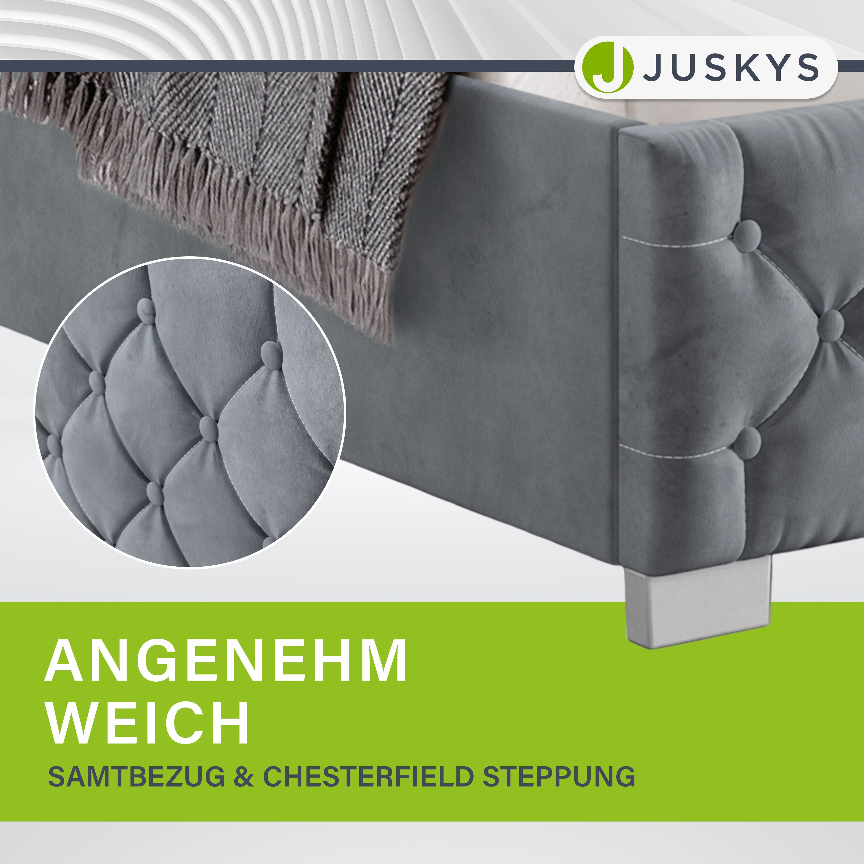Juskys Polsterbett Nizza 120x200 cm - Lattenrost, Stauraum & LEDs - Samtbezug mit Steppung - Grau