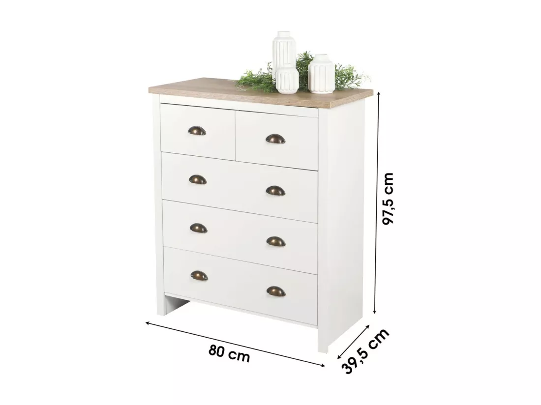 Commode avec 5 tiroirs design colonial – 80x39,5xH97,5 cm, coloris blanc et plateau chêne clair – Collection MADERA
