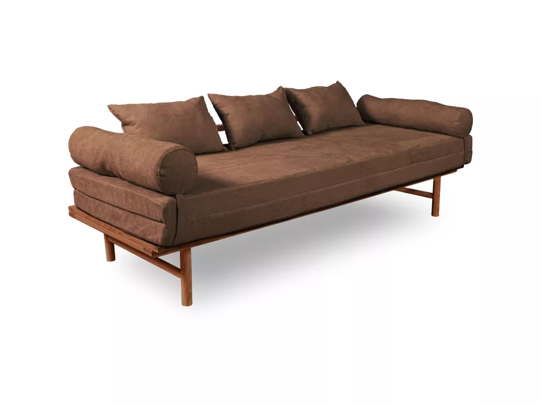 Canapé Lit Convertible Design en Tissu Beige et Bois Marron