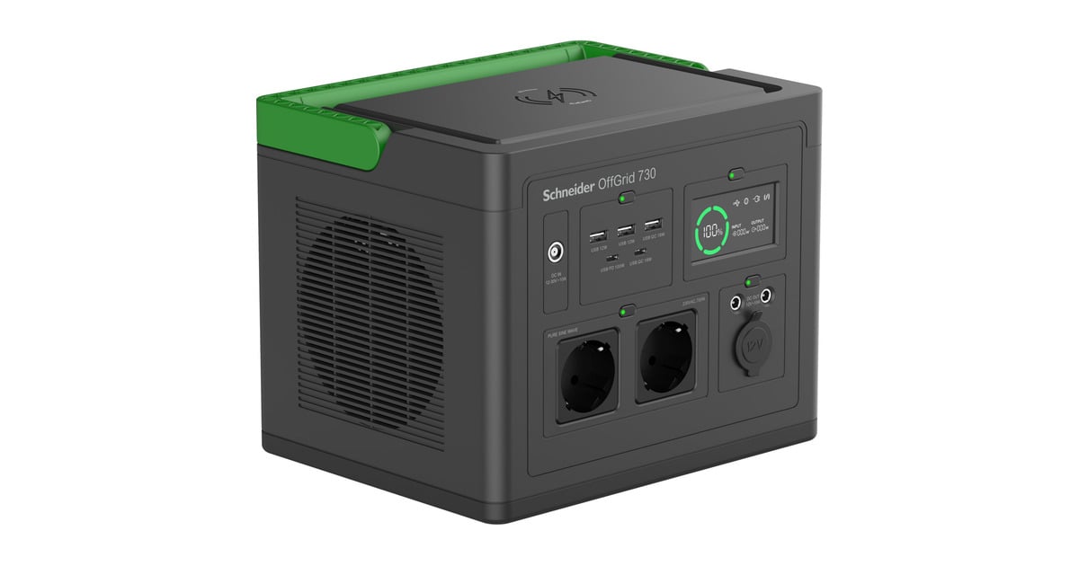 APCSchneider OffGrid draagbare Power Station 730 powerstation  (Zwart/groen, PPS730-GR, Lithium-ion batterij 738Wh, 2x 230V 700W, 3x USB-A QC, 2x USB-C PD)