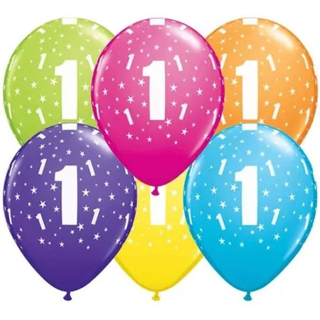 Qualatex Latex Ballon Zahl 1, 28 cm, farblich sortiert, 6 Stück