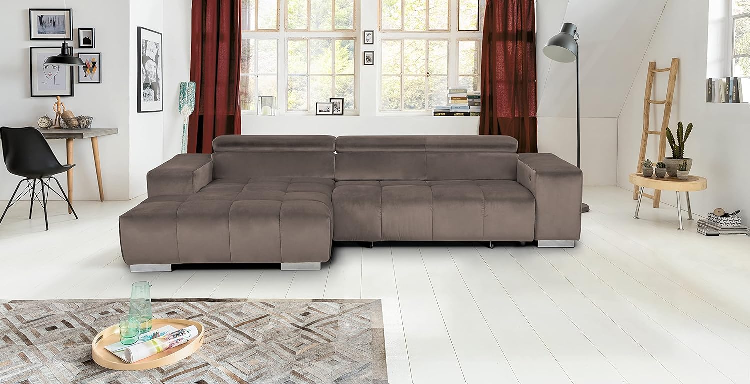 Mivano Eckcouch Orion / Großes Ecksofa mit XL-Recamiere inkl. Relaxfunktion, Kopfteilfunktion und Kissen / 307 x 73 x 186 / Velours, Grau
