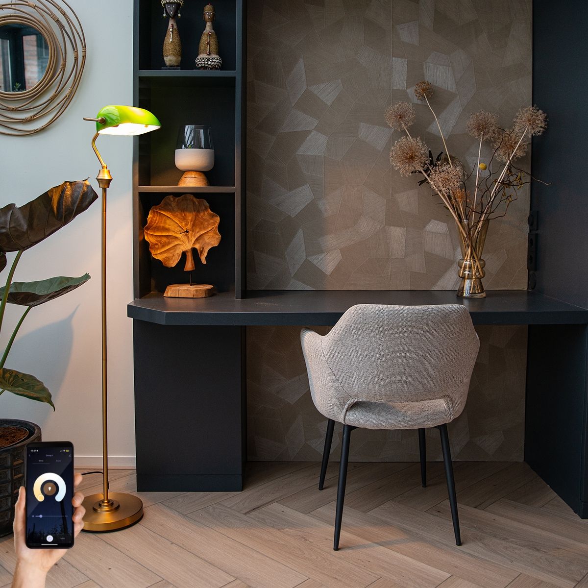 Smart notaris vloerlamp brons met groen glas incl. Wifi A60 - Banker