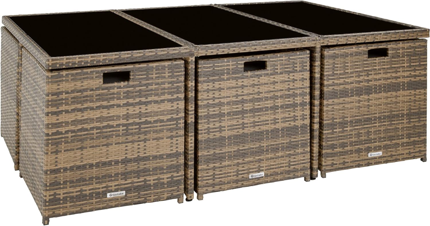 tectake Polyrattan Gartenmöbel Set, Sitzgruppe mit 6 Stühle +1 Glasplatte Tisch + 4 Hocker, Gartenlounge Set klappbar, für bis zu 10 Personen, Balkon Möbel, inkl. 2 Bezugsset - Natur