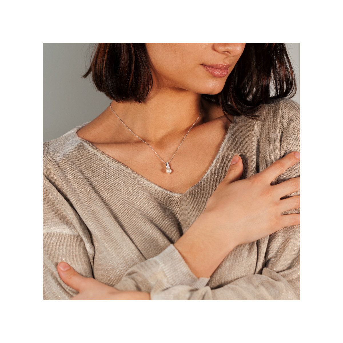 Collier argent 925 perle de culture de Chine et zirconias 45 cm